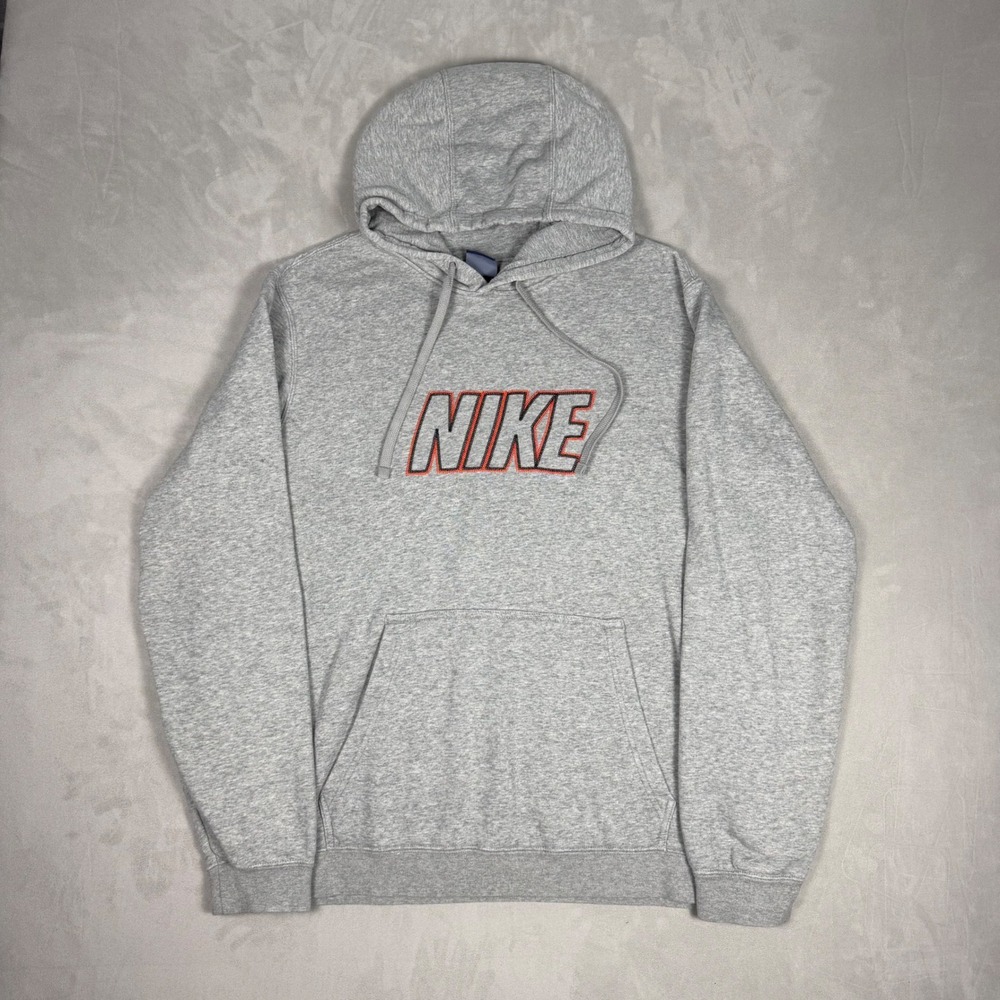 Y2K Mens Nike Spellout Embroidered Fleece Hoodie Heather Grey Large